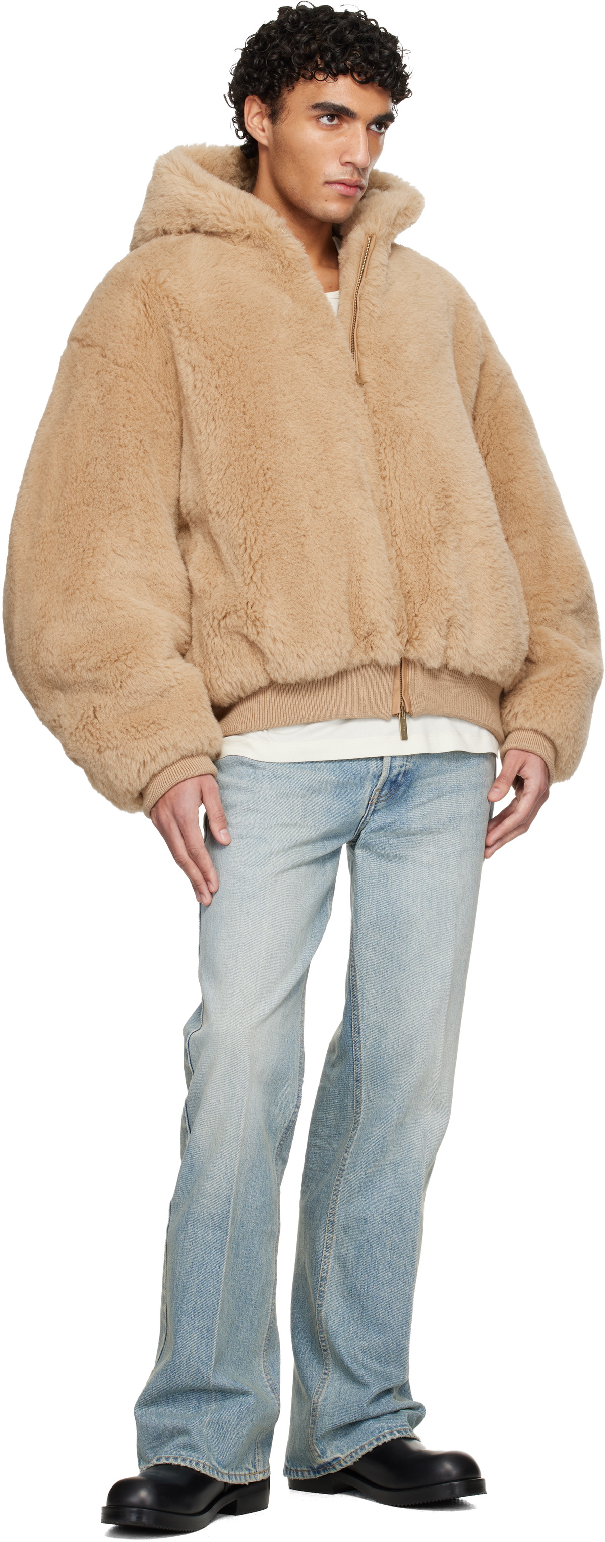 Fear of God Tan Alpaca Hooded Bomber Jacket