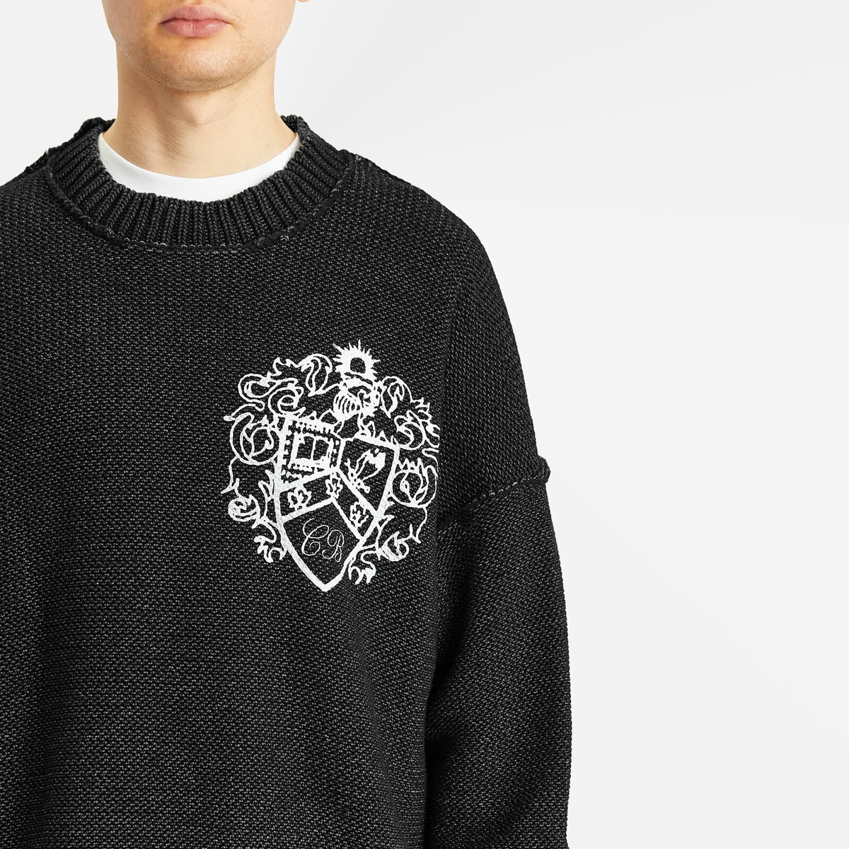 Cole Buxton Men's Collegiate Crest Knit Sweater in Washed Black