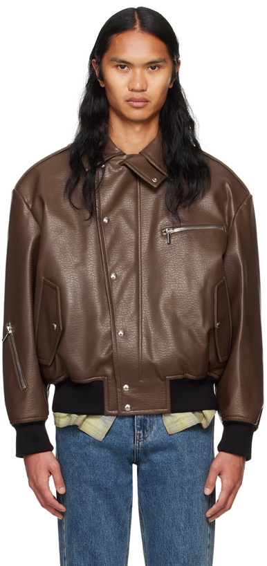 Photo: System Brown Padded Faux-Leather Jacket
