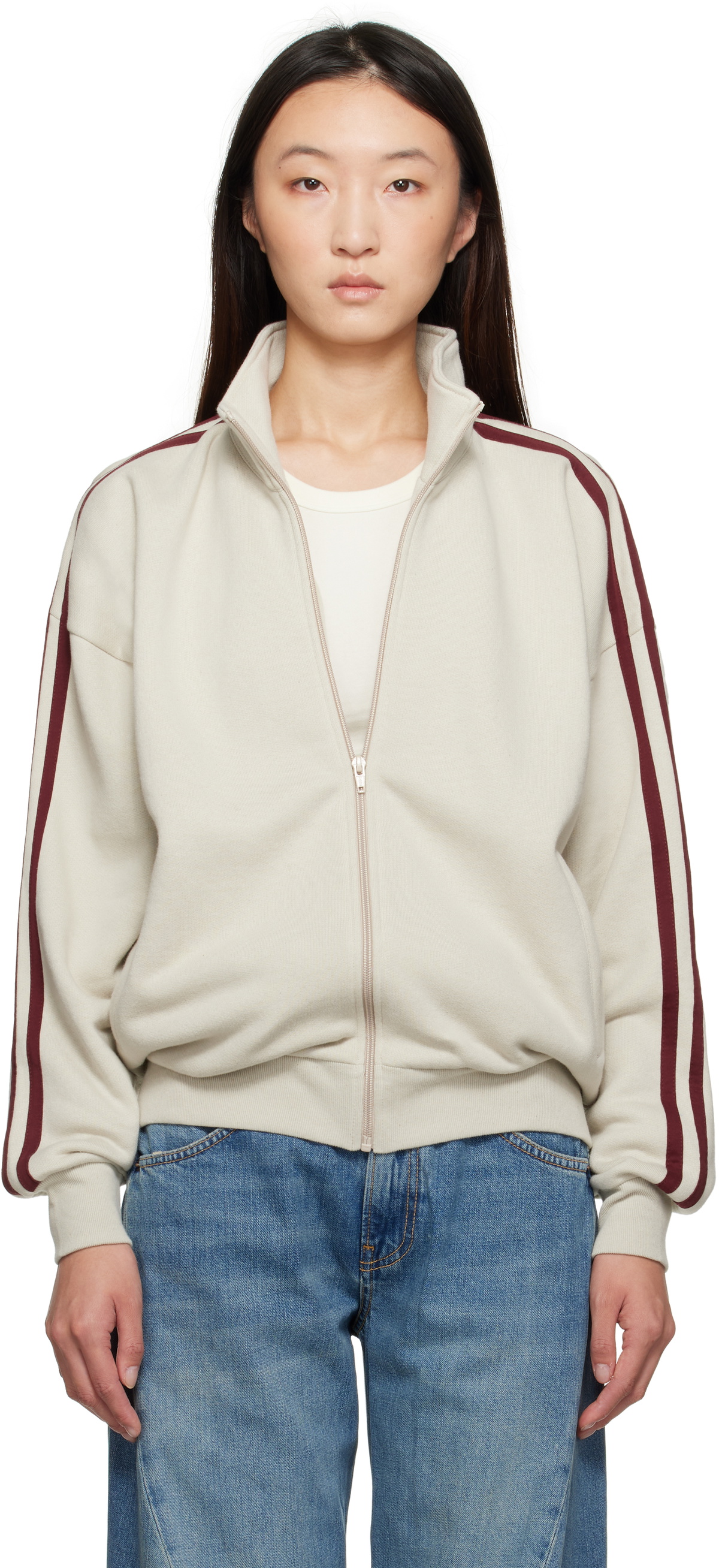 6397 Beige & Burgundy Fleecy Track Zip Up Sweatshirt