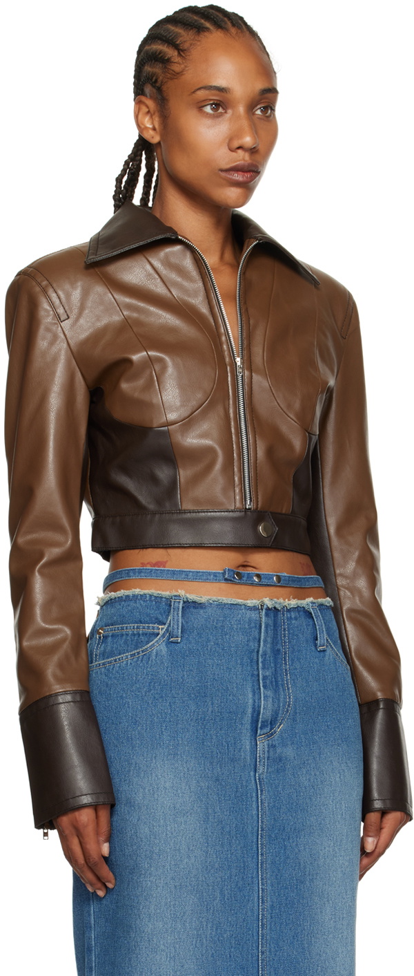 JUNEYEN Brown Paneled Faux-Leather Bomber Jacket