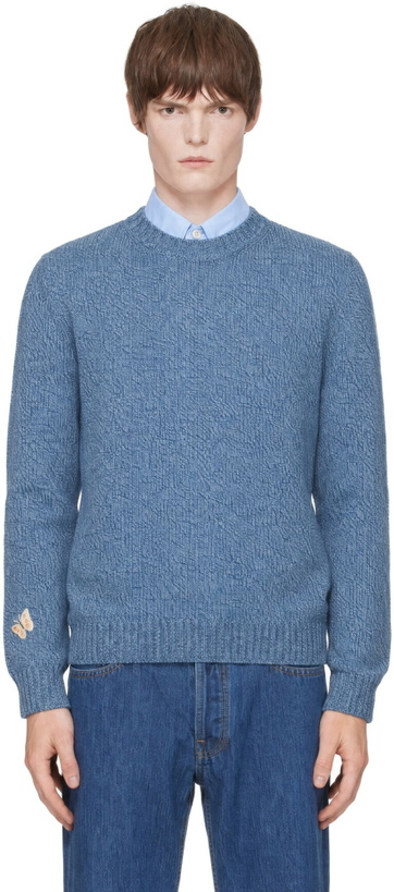 Photo: Valentino Blue Wool Embroidered Butterfly Patch Sweater