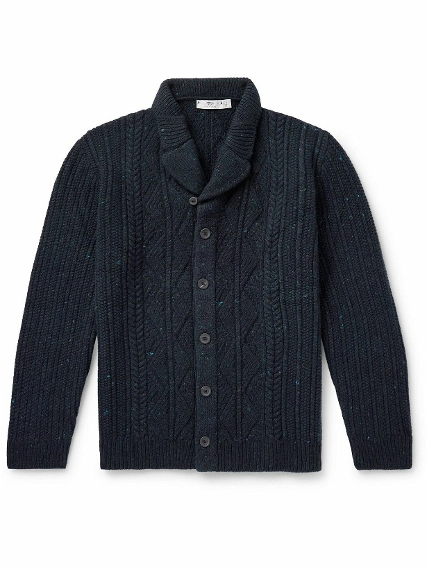 Photo: Inis Meáin - Shawl-Collar Cable-Knit Donegal Merino Wool and Cashmere-Blend Cardigan - Blue