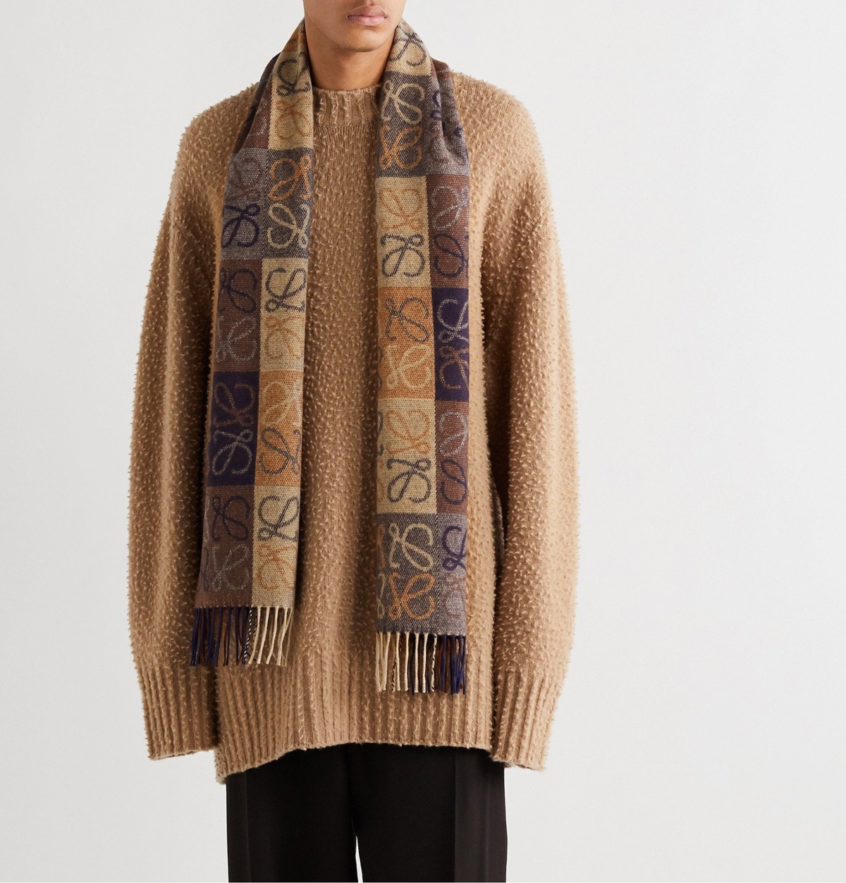 Fringed printed wool, silk and cashmere-blend scarf