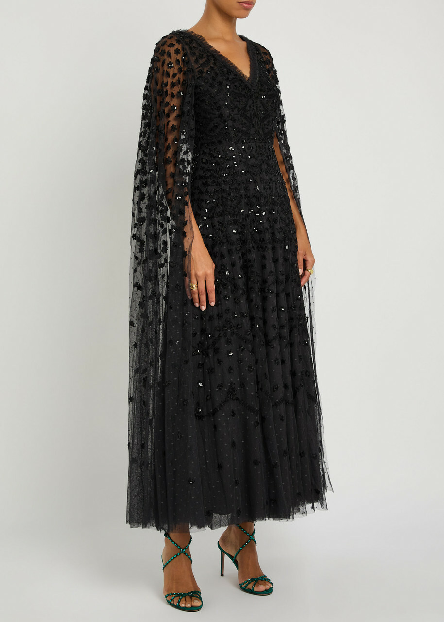 Needle & Thread Clover Cape-effect Tulle Gown Black