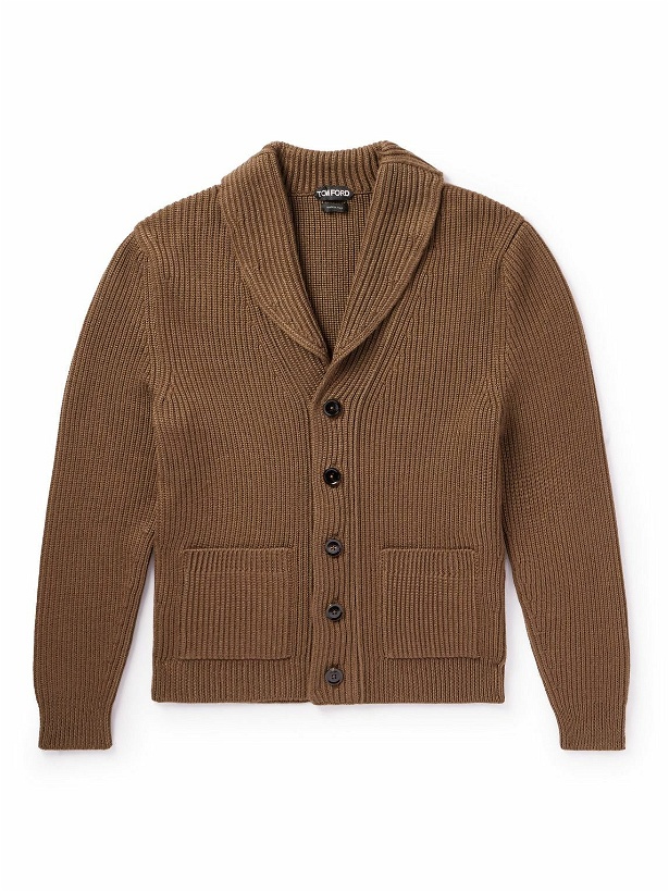 Photo: TOM FORD - Shawl-Collar Ribbed Wool and Silk-Blend Cardigan - Brown