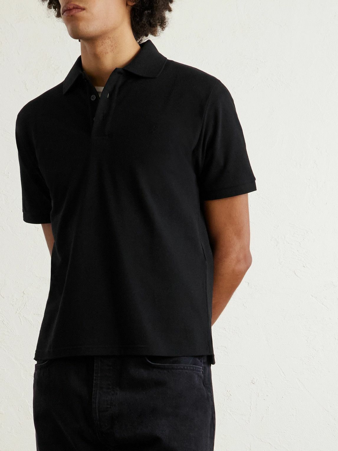 SAINT LAURENT - Logo-Embroidered Cotton-Blend Piqué Polo Shirt - Black