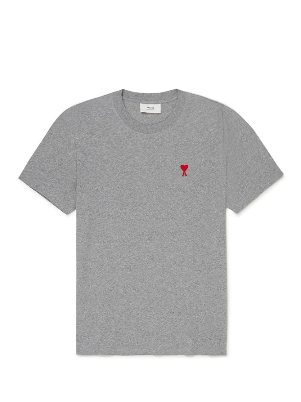 Photo: AMI PARIS - Logo-Embroidered Mélange Cotton-Jersey T-Shirt - Gray