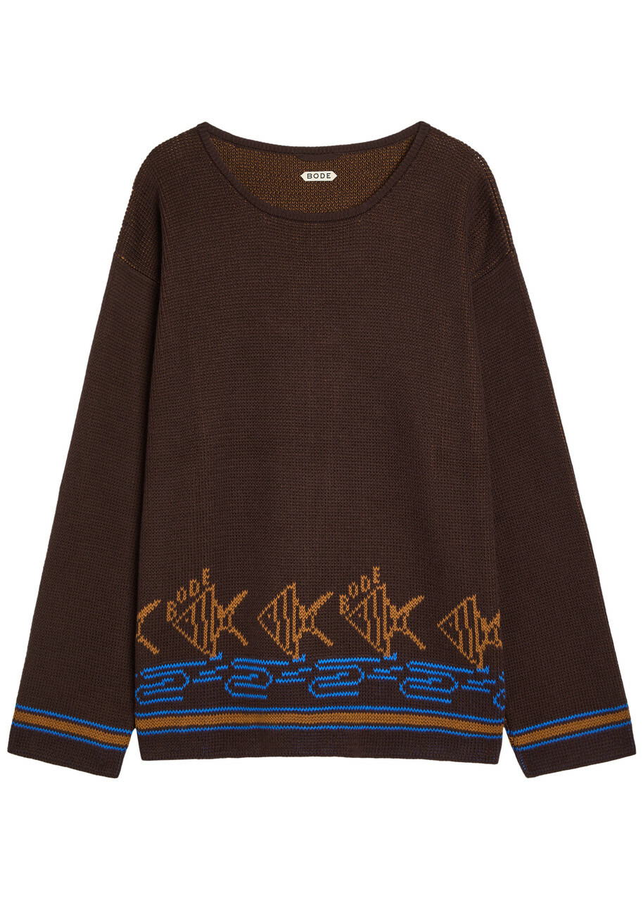 Bode Fish School Intarsia Cotton Jumper Brown