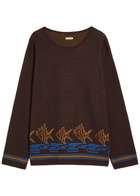 Bode Fish School Intarsia Cotton Jumper Brown