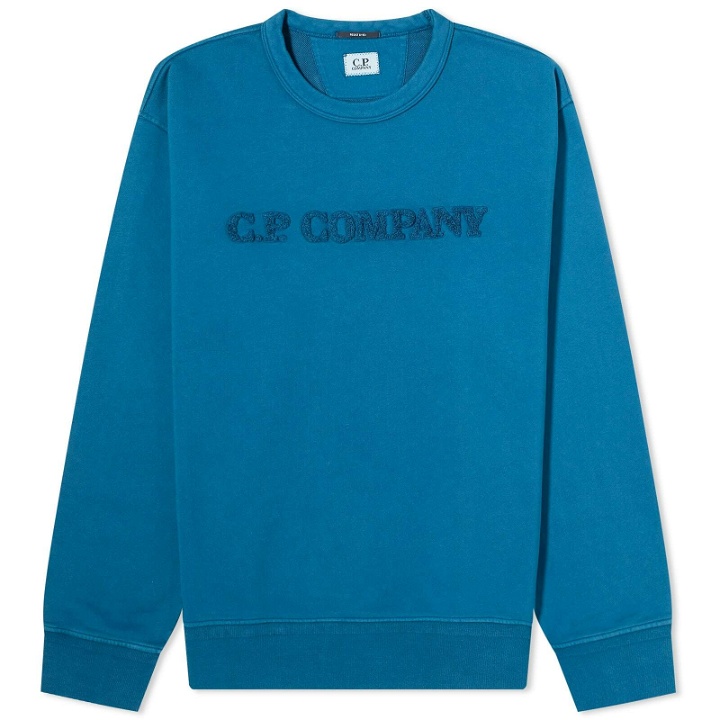 Photo: C.P. Company Men's Cotton Diagonal Fleece Logo Sweatshirt in Ink Blue