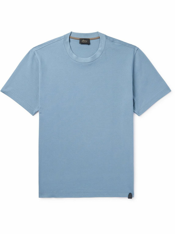 Photo: Brioni - Leather-Trimmed Cotton-Jersey T-Shirt - Blue