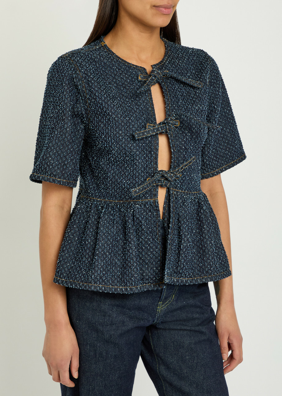 Ganni Tweed-effect Peplum Denim Blouse