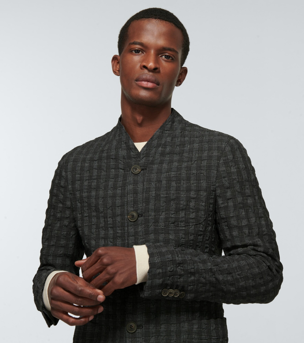 ジャケット GIORGIO ARMANI CHECKED BLAZER IN LAMINATED Giorgio Armani Le Collezioni Black Plaid Checked Jacket