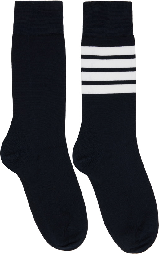 Photo: Thom Browne Navy Cotton 4-Bar Mid Calf Socks