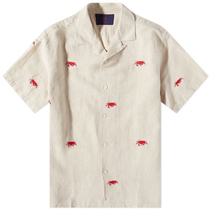Photo: Portuguese Flannel Men's Crab Embroidered Vacation Shirt in Beige