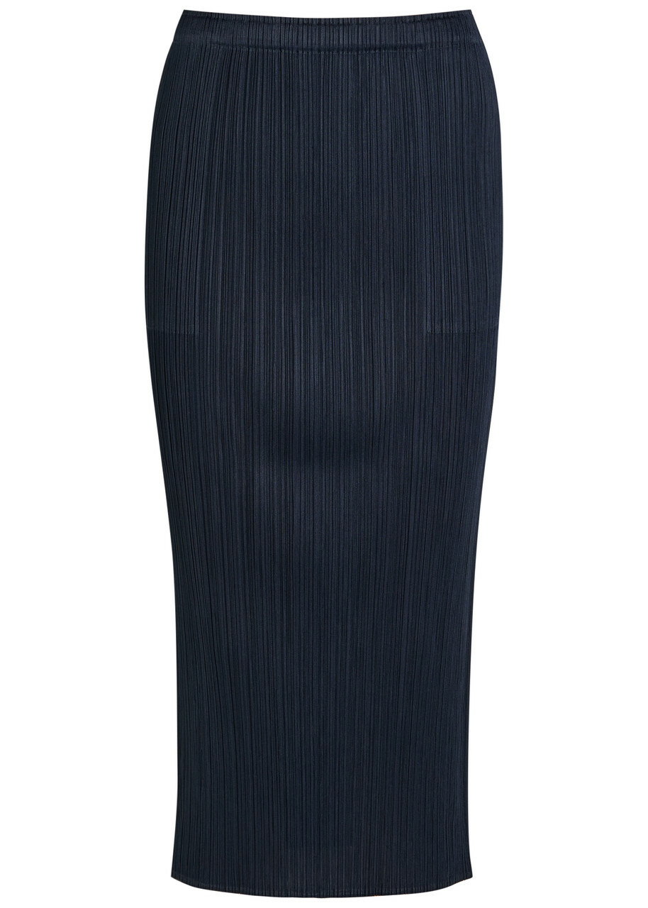 Pleats Please Issey Miyake Pleated Woven Midi Skirt Navy