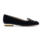 Charlotte Olympia Navy Velvet Kitty Flats