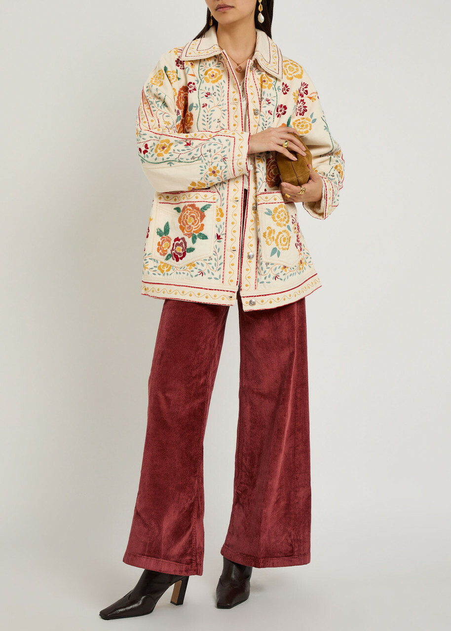 Free People Avery Floral-embroidered Denim Jacket White