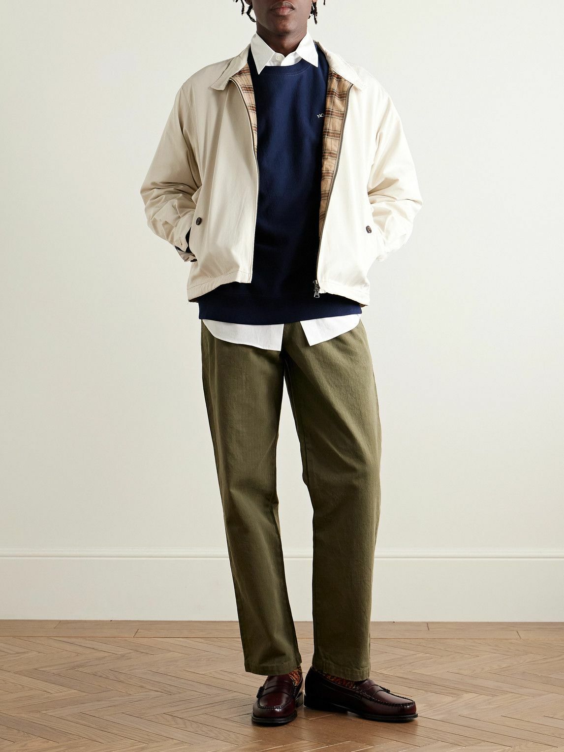 Noah - Straight-Leg Pleated Herringbone Cotton Trousers - Green