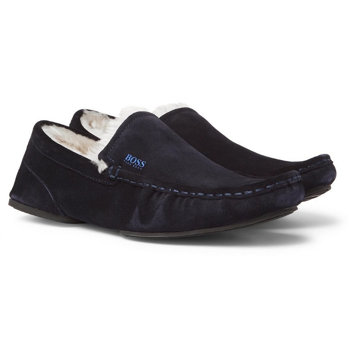Photo: Hugo Boss - Faux Shearling-Lined Suede Slippers - Men - Navy
