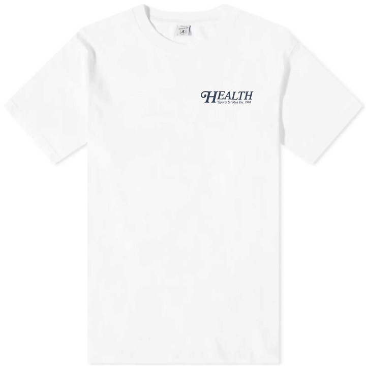 Photo: Sporty & Rich Men's 70s Health T-Shirt in White/Navy