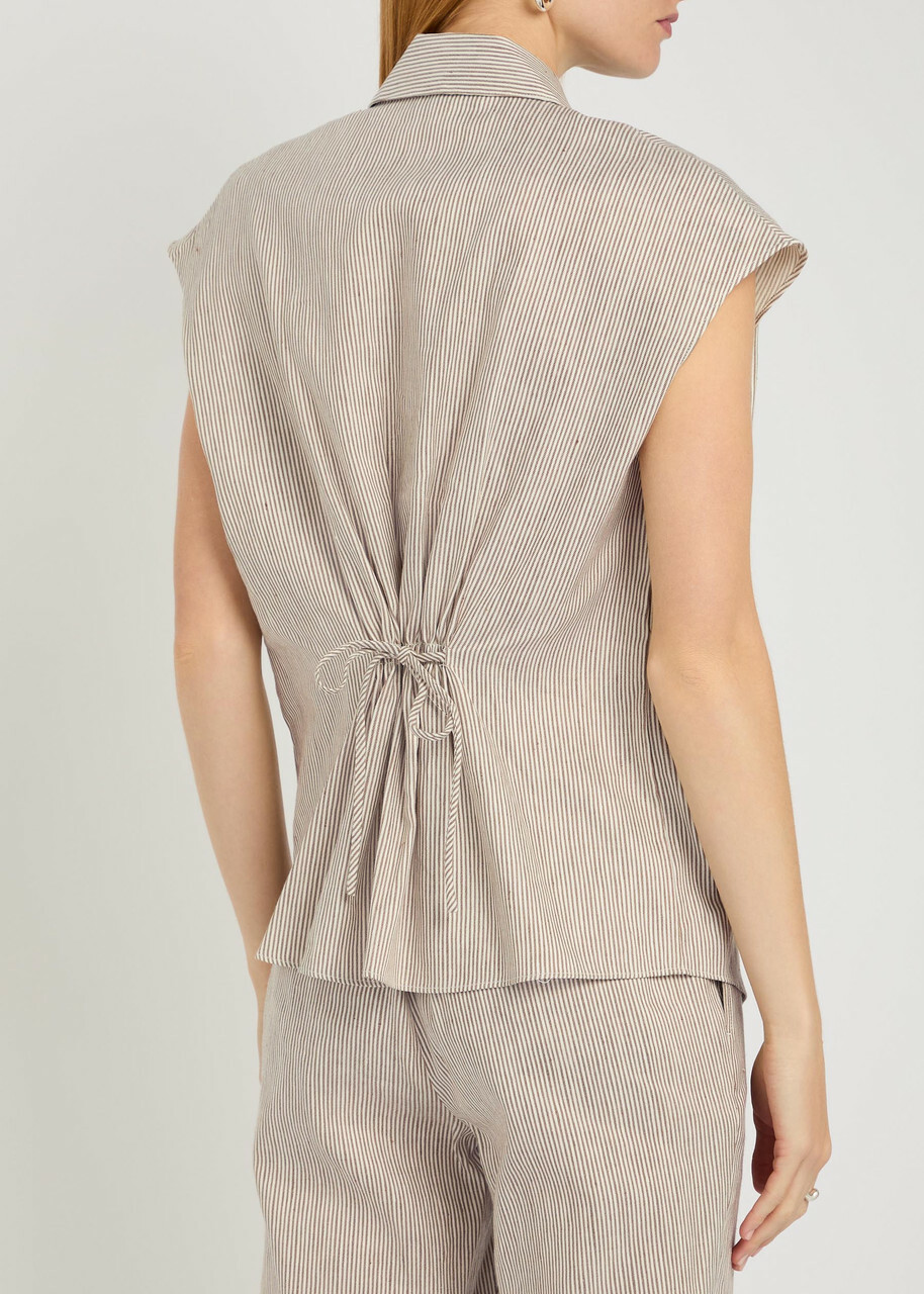 Vince Ticking Striped Linen and Cotton-blend Blouse Taupe