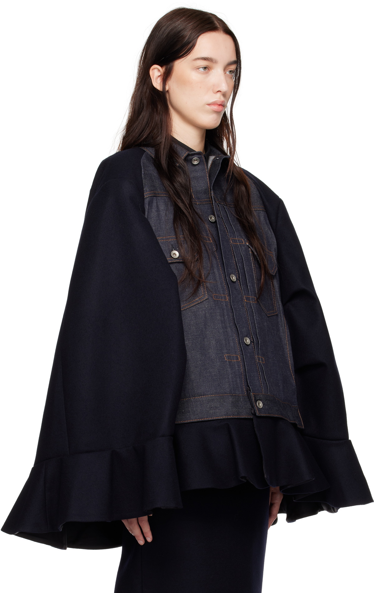 sacai Navy Wool Melton & Denim Cape Jacket Sacai