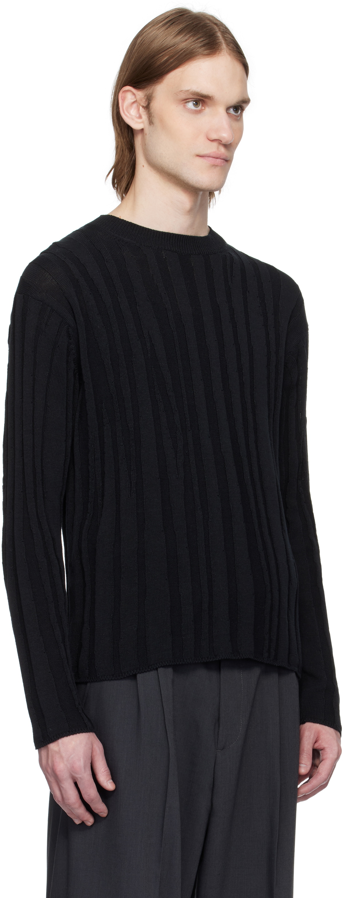 YOKE Black Roundum Rib Crewneck Sweater