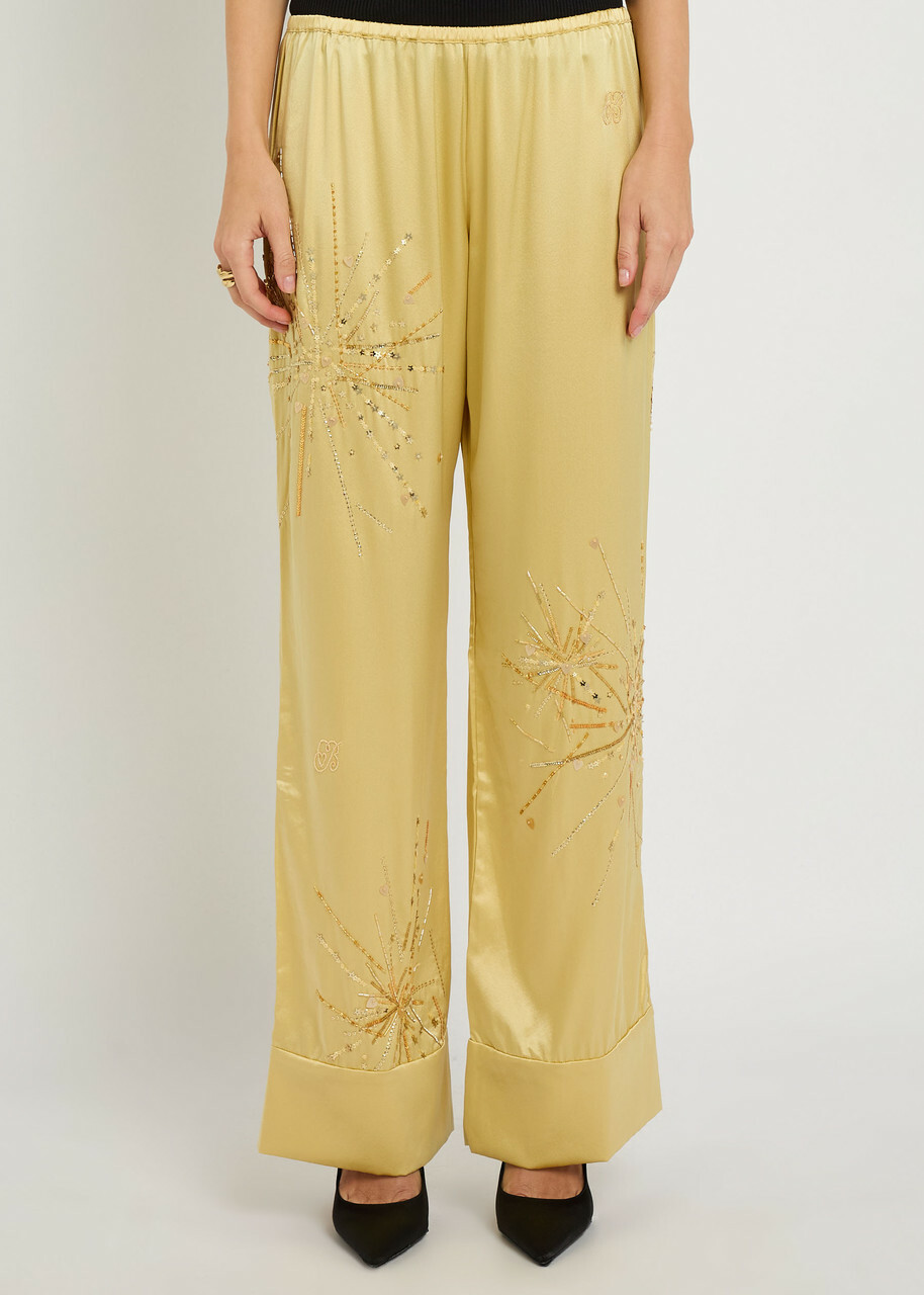 Bernadette Louis Embellished Stretch-silk Trousers Yellow