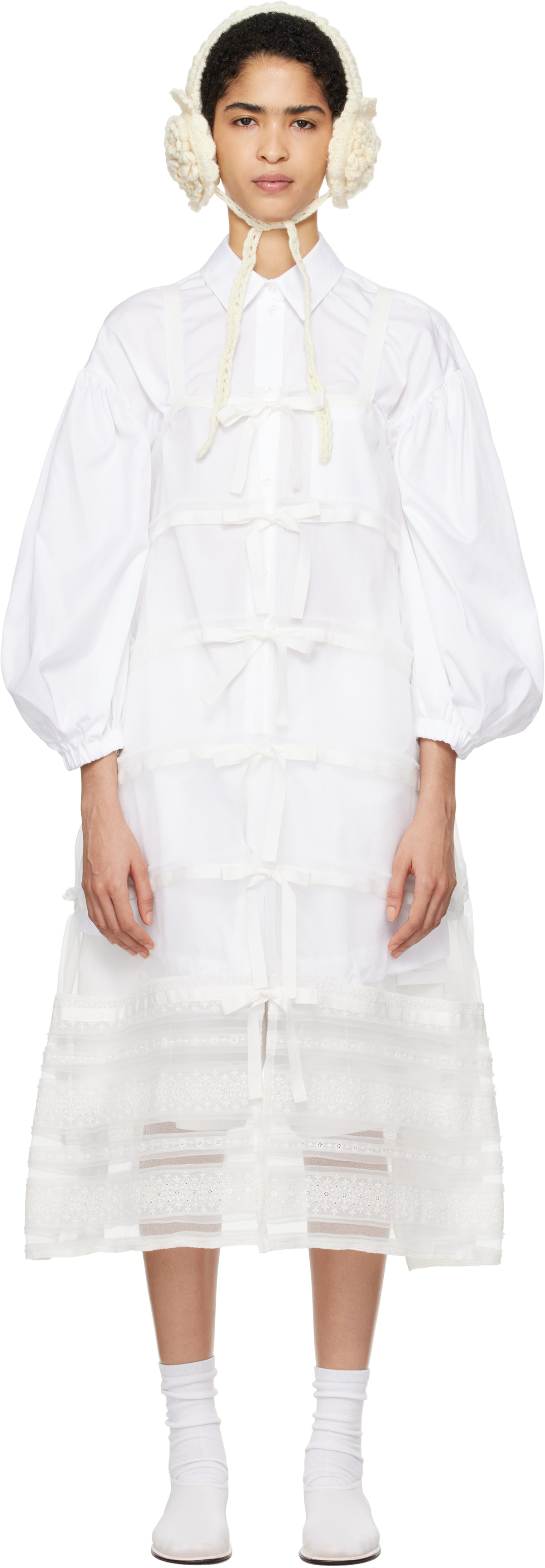 Tao Comme Des Garons White Organdy Embroidered Midi Dress