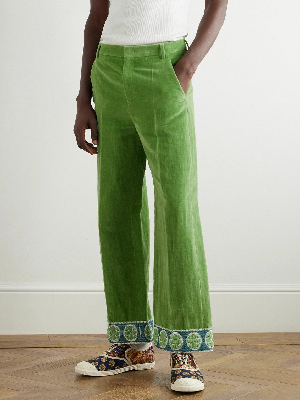 Valentino Garavani - Flared Jacquard-Trimmed Cotton and Linen-Blend Velvet Trousers - Green