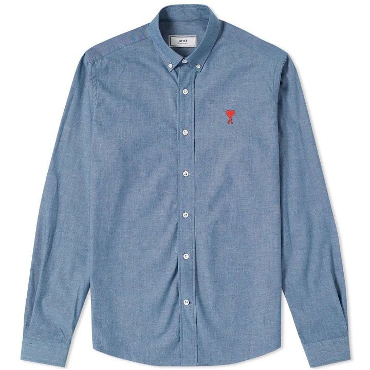Photo: AMI Embroidered Heart Logo Chambray Button Down Shirt Blue