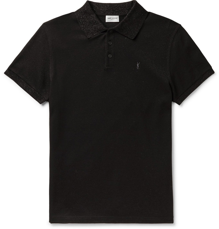 Photo: SAINT LAURENT - Logo-Embroidered Metallic Cotton-Piqué Polo Shirt - Black