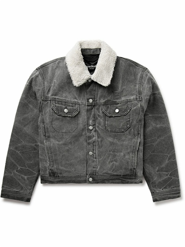 Photo: Acne Studios - Orsan Fleece-Trimmed Padded Distressed Cotton-Canvas Jacket - Gray
