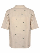 120% Lino Beige Linen Shirt With Green Embroidery