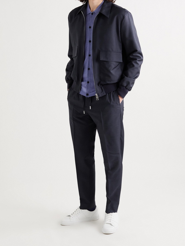 Photo: MR P. - Tapered Pinstriped Virgin Wool-Blend Drawstring Trousers - Blue - UK/US 30