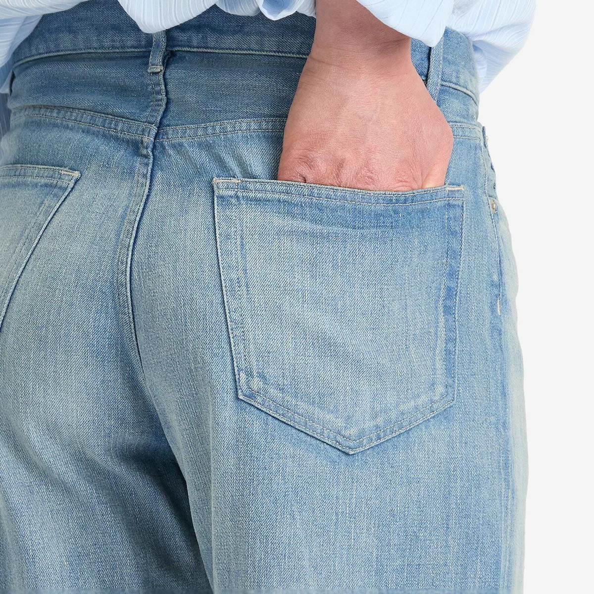 Auralee Men's Selvedge Faded Light Denim Wide Pants in Light