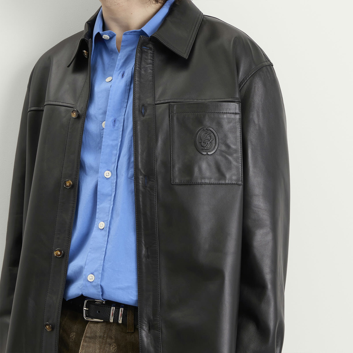 Drôle de Monsieur Men's D Ornament Leather Shirt in Black