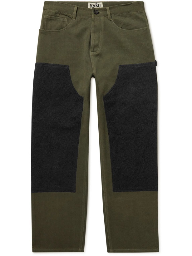 Photo: Karu Research - Straight-Leg Embroidered Panelled Cotton-Twill Trousers - Green