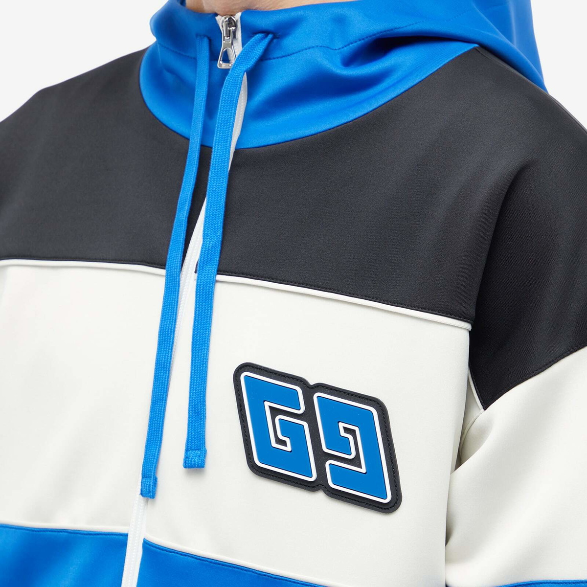 Gucci★素敵！Neoprene Zip Blue Black Jacket White Hoodie Neoprene zipped jacket with Web in dark blue | GUCCI® US