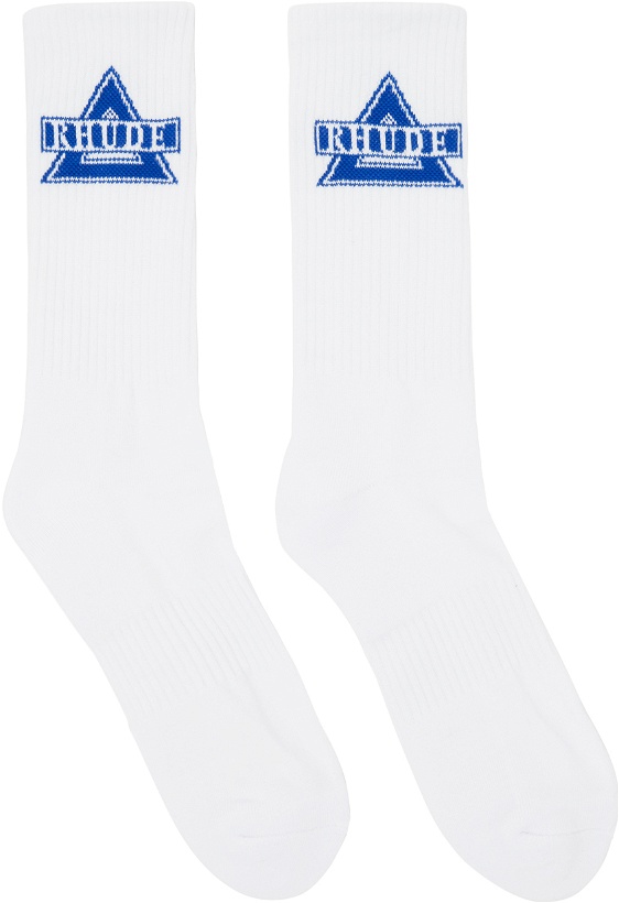 Photo: Rhude White & Blue Triangle Logo Socks