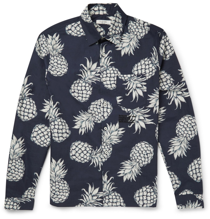 Photo: VALENTINO - Embroidered Pineapple-Print Cotton Shirt - Blue