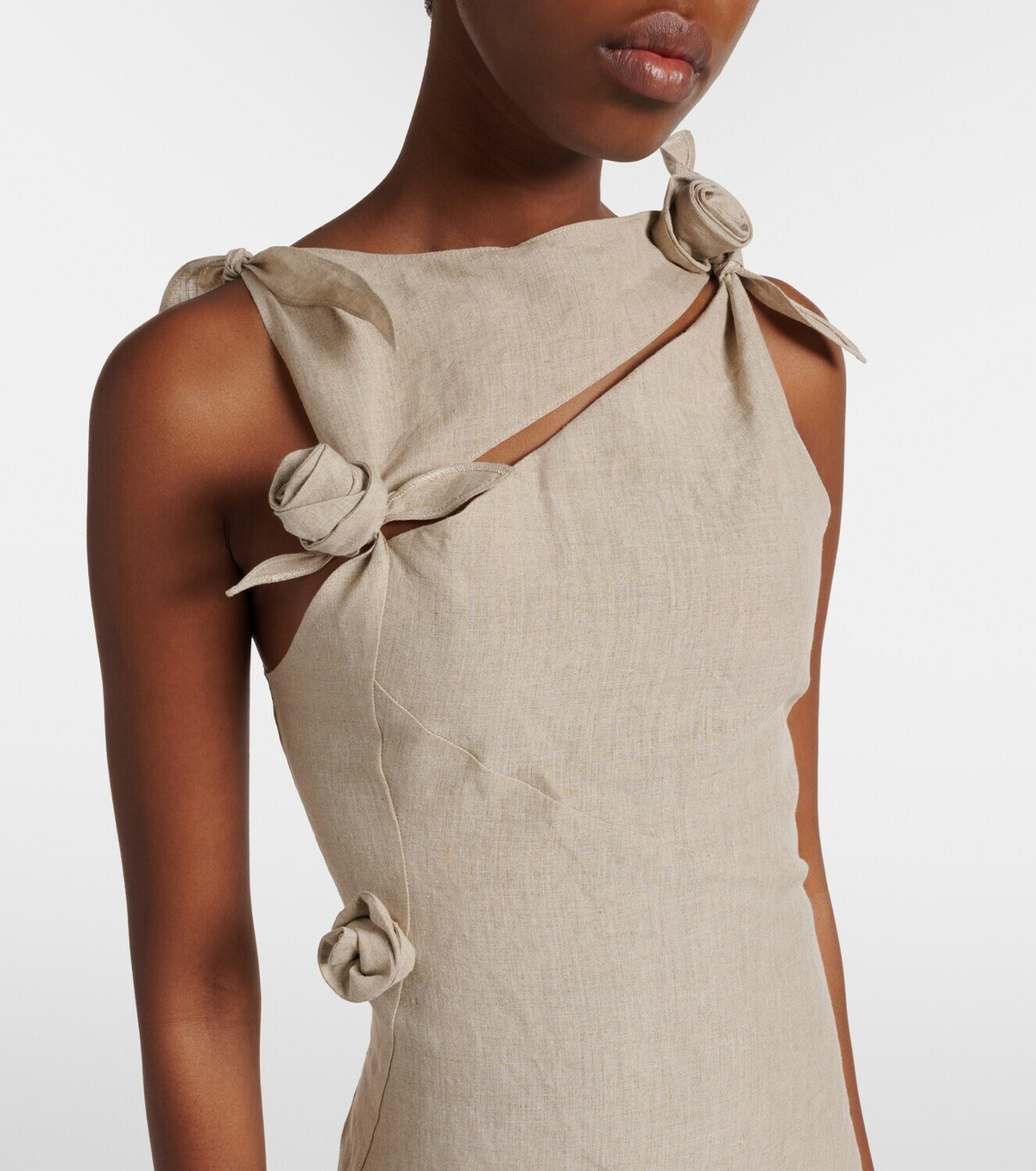 Coperni Floral-appliqué asymmetric linen maxi dress