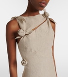 Coperni Floral-appliqué asymmetric linen maxi dress