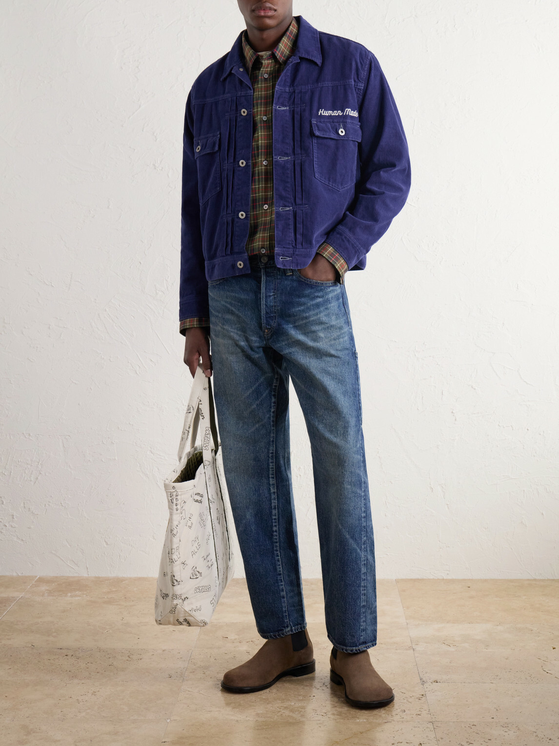 Human Made - Logo-Embroidered Printed Cotton-Corduroy Tote Bag - White