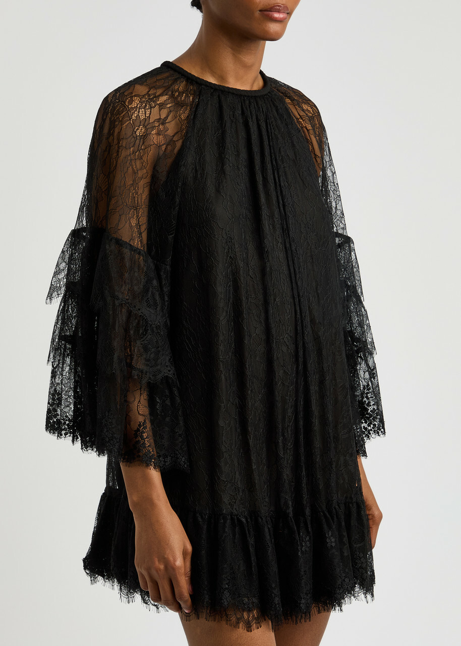 Alice + Olivia Delia Ruffled Lace Mini Dress Black Alice + Olivia