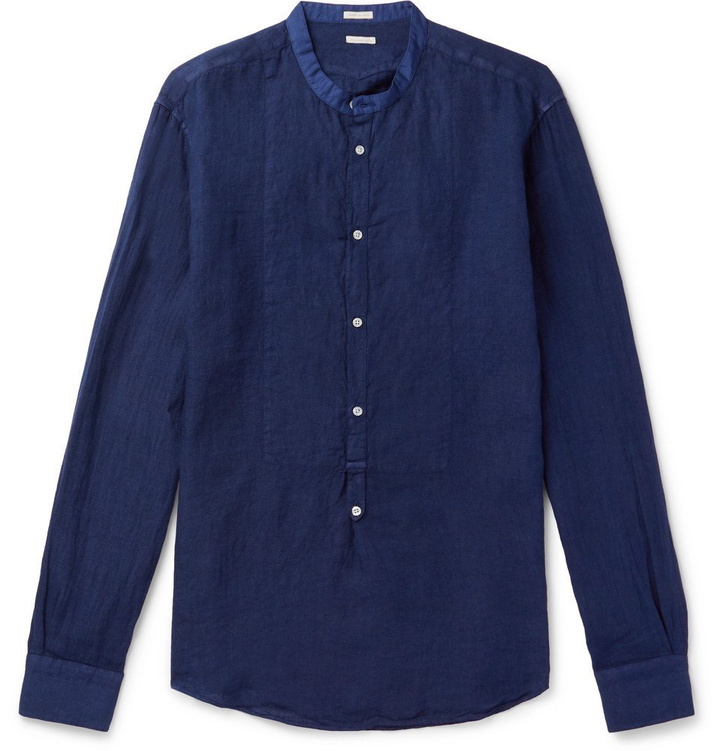 Photo: Massimo Alba - Grandad-Collar Linen Half-Placket Shirt - Blue