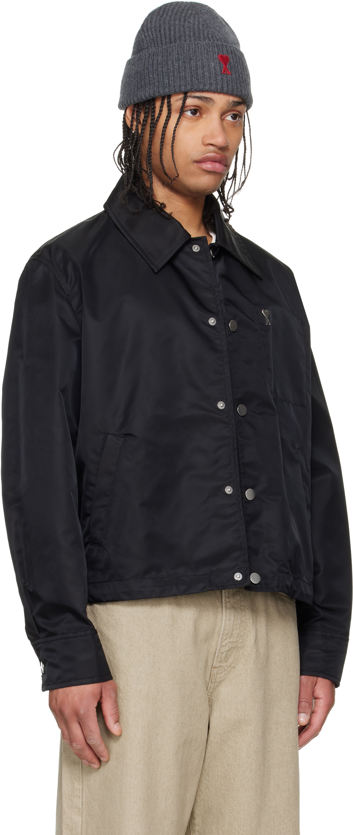 AMI Paris Black Nylon 'Ami De Coeur' Stud Buttoned Jacket
