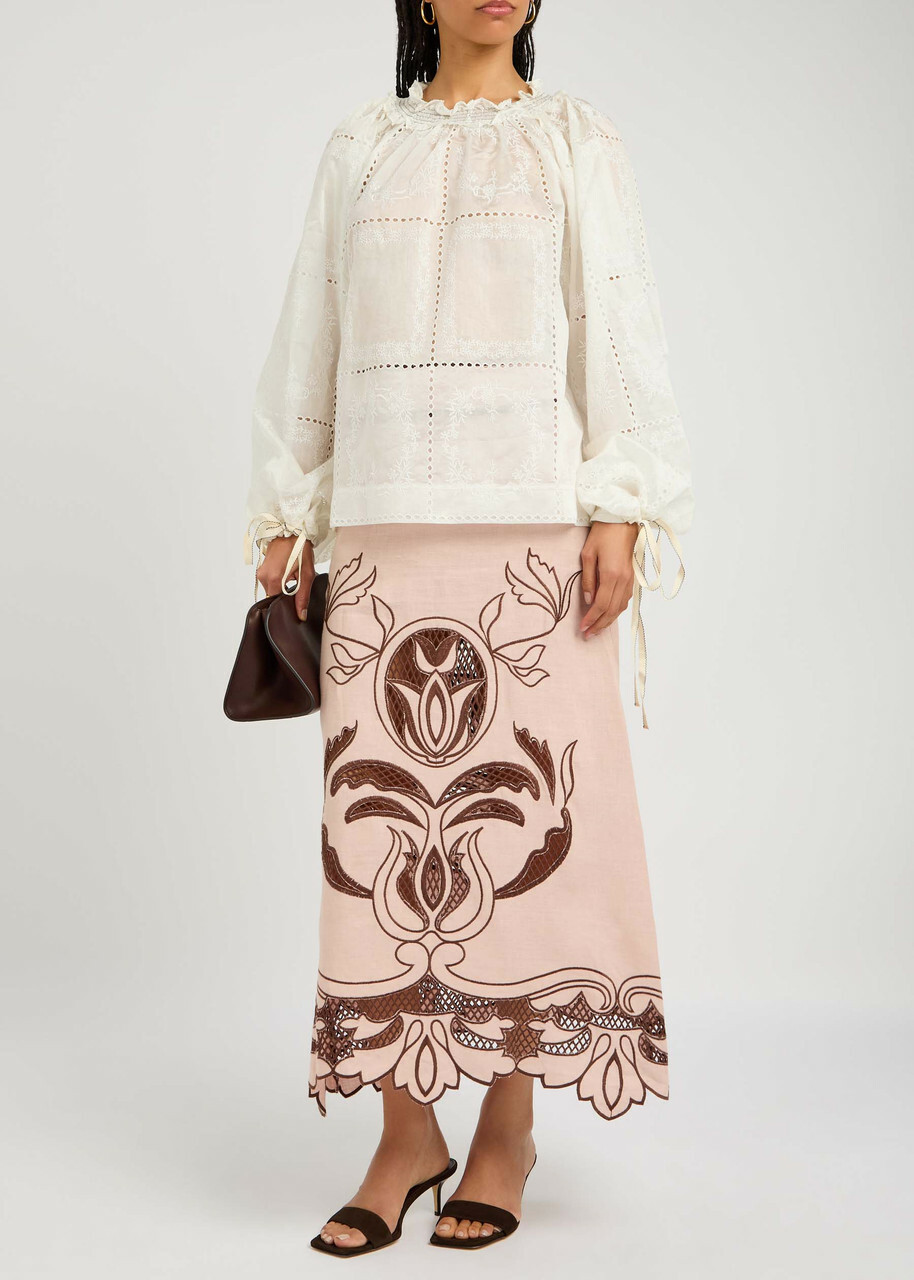 Lug Von Siga Mini Embroidered Semi-sheer Satin Blouse Off White